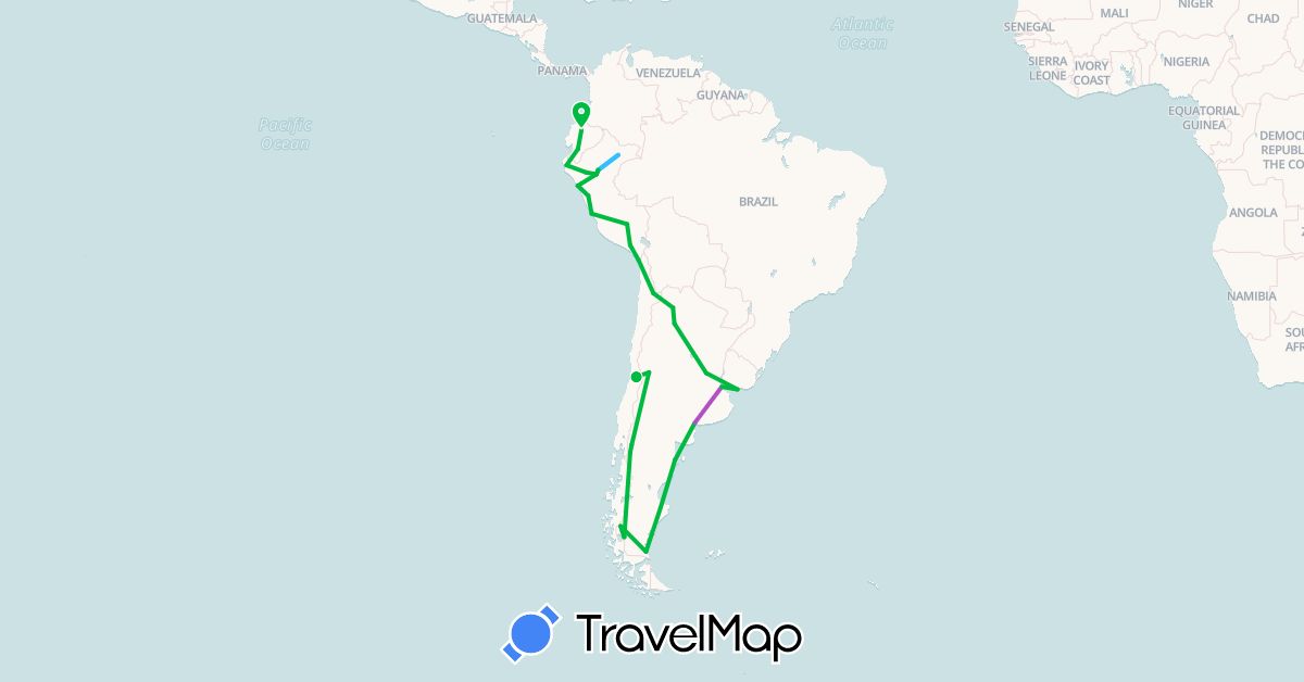 TravelMap itinerary: driving, bus, train, boat in Argentina, Chile, Ecuador, Peru, Uruguay (South America)
